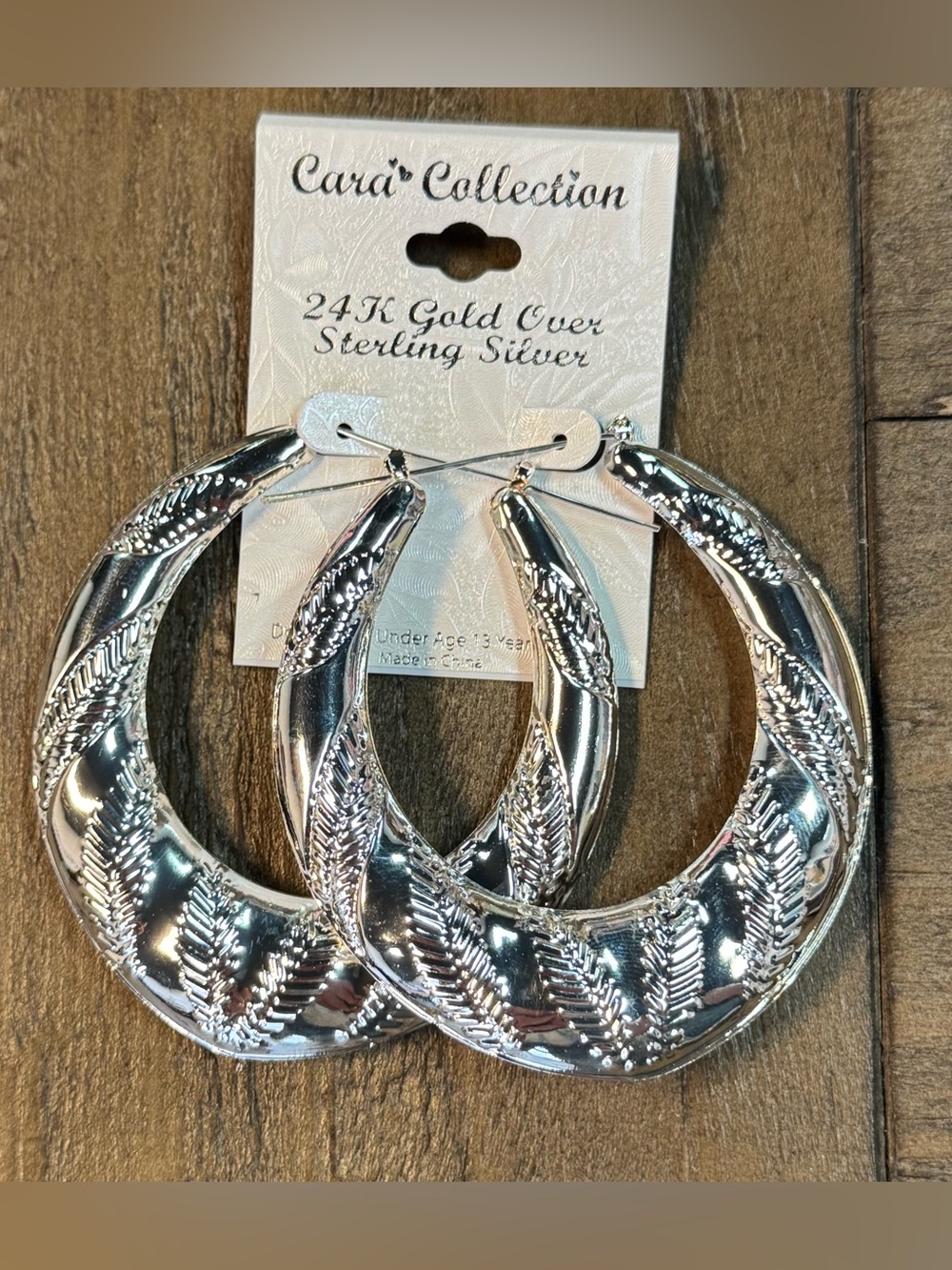 Silver Leaf Embossed Hoop Earrings - Sterling Silver Over 24K Gold